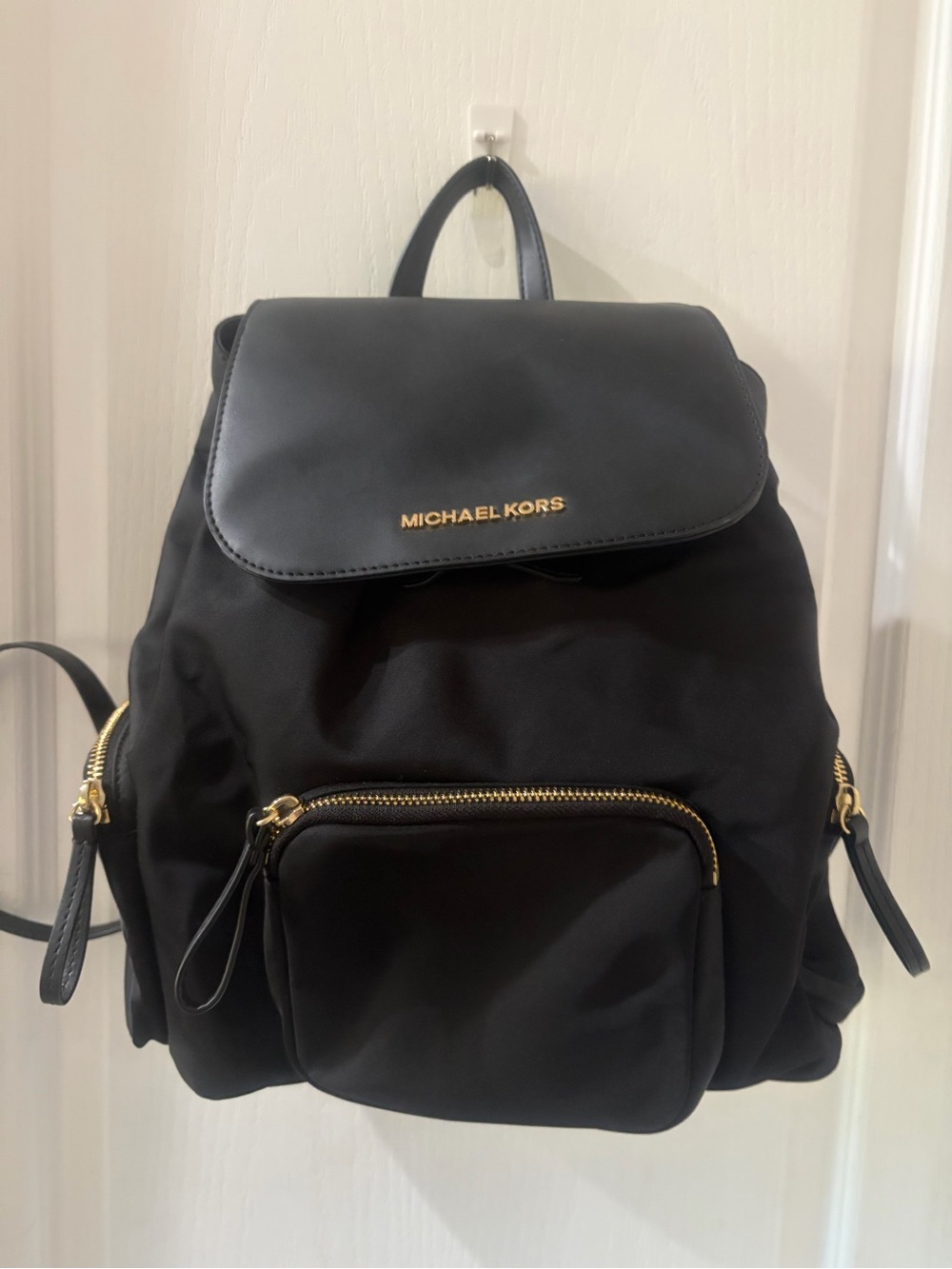 Michael Kors Medium Cargo Backpack Black Nylon Leather Gold Hardware